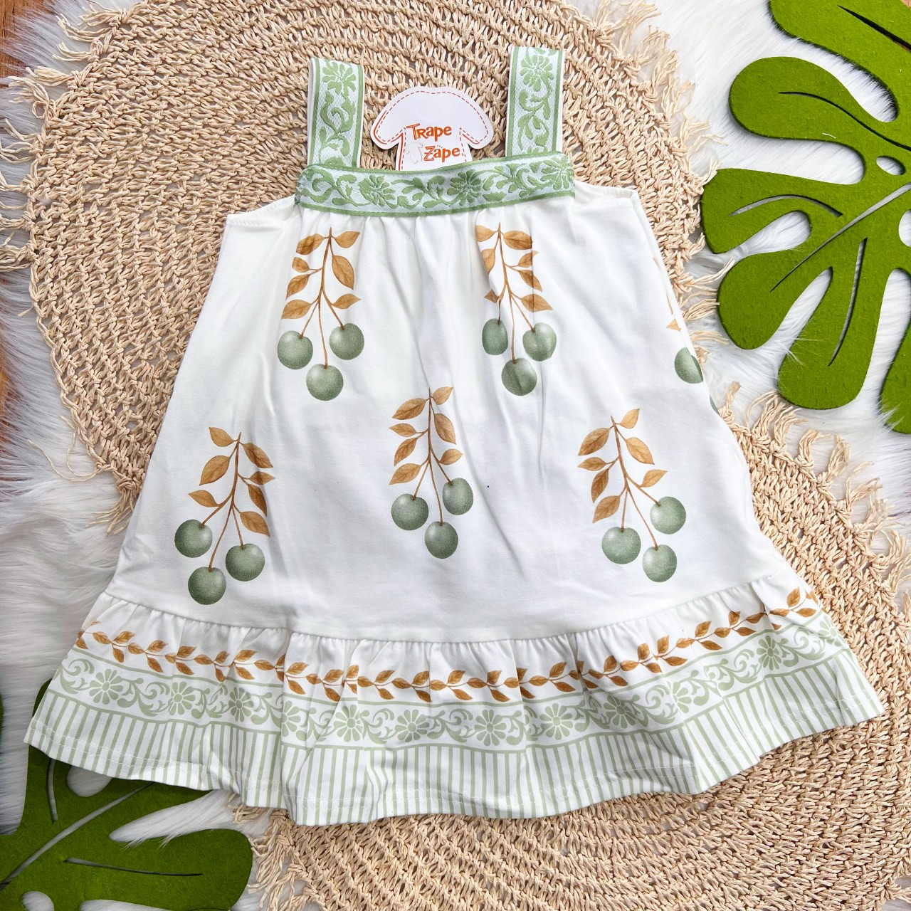 Vestido Cerejinhas com Passamanaria Floral - Verde